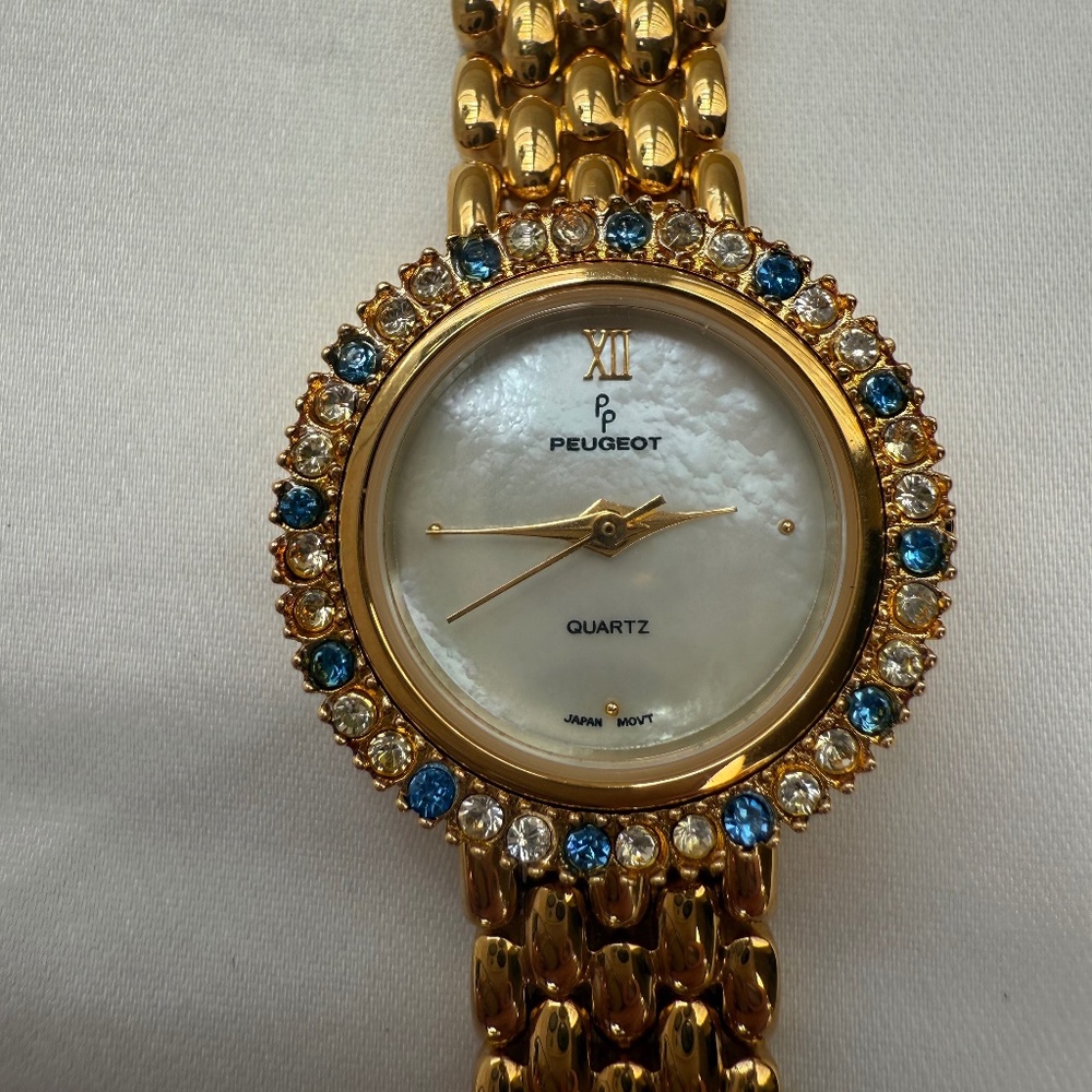 Vintage Peugeot Ladies Watch Gold-Tone MOP Face Blue and Clear Crystals Runs